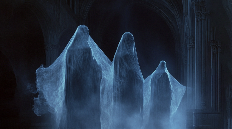 Three eerie ghostly figures in flowing translucent cloaks haunting a dark gothic cathedral with mist and shadowy arches.