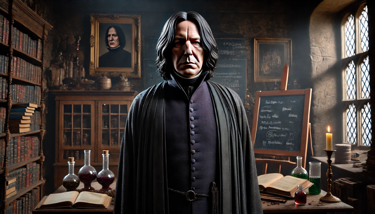 Severus Snape standing in his Potions classroom at Hogwarts, with a serious expression, surrounded by bookshelves, potions bottles, and an ancient chalkboard. The image captures the iconic look of Snape in his dark robes, reflecting his mysterious and complex character in the Harry Potter series.