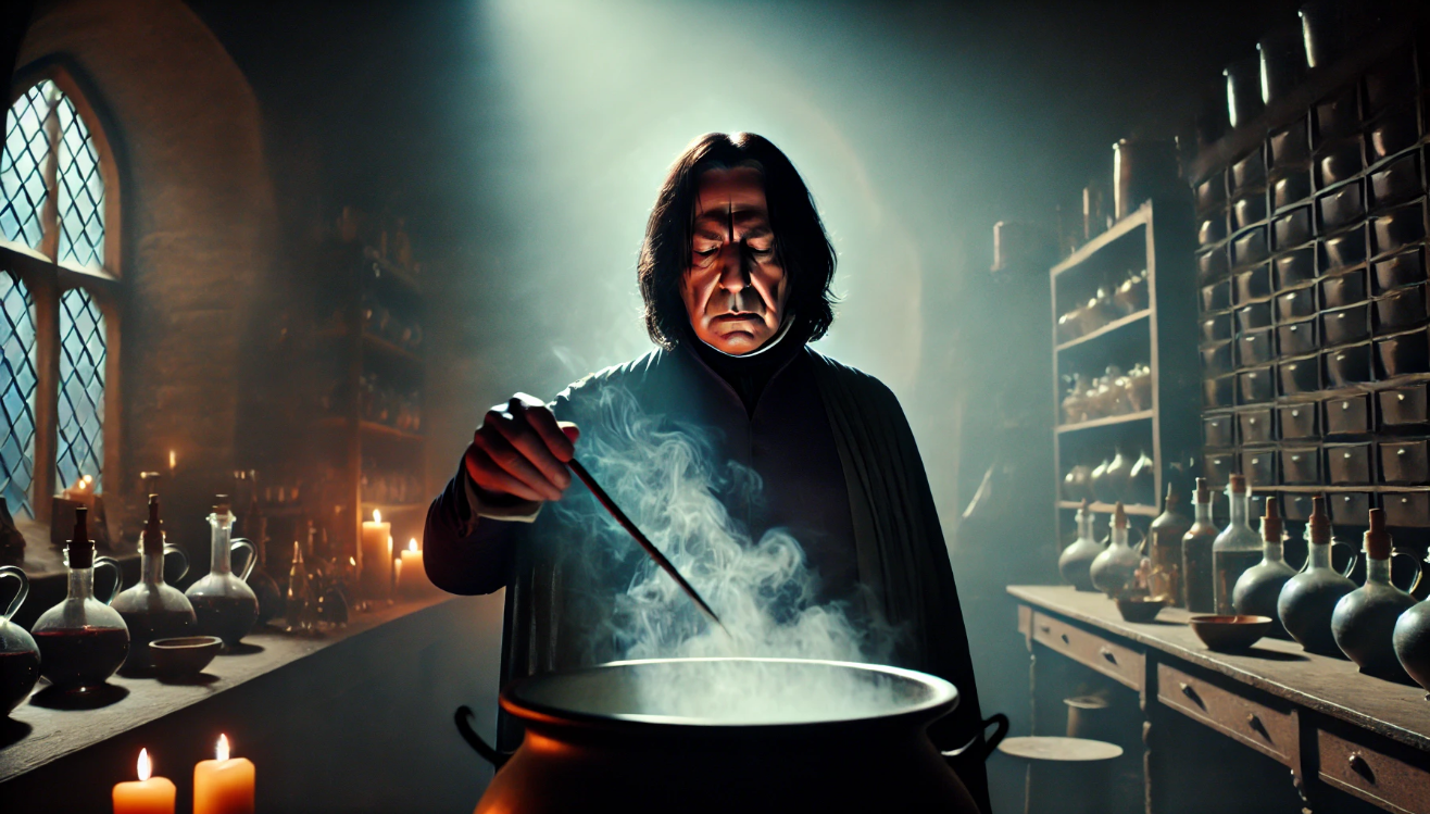 Close-up of Severus Snape in a dimly lit classroom, standing over a cauldron with magical fumes rising. He stirs the potion with a calculating expression, surrounded by shelves filled with potion ingredients. The atmosphere is tense, highlighting Snape's mastery and focus in potion-making.