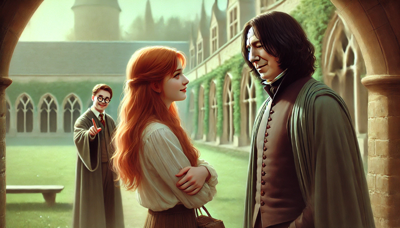 Young Severus Snape watches Lily Potter from afar in a Hogwarts courtyard, filled with longing, while she talks to James Potter. The scene captures unrequited love with soft lighting and a serene atmosphere