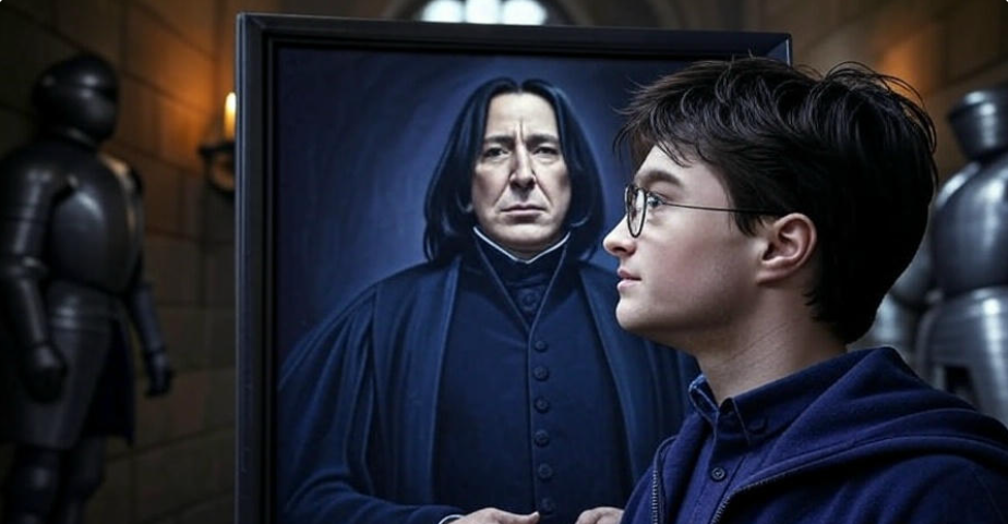 Harry Potter standing before a portrait of Severus Snape, reflecting their complex relationship in the Harry Potter series.
