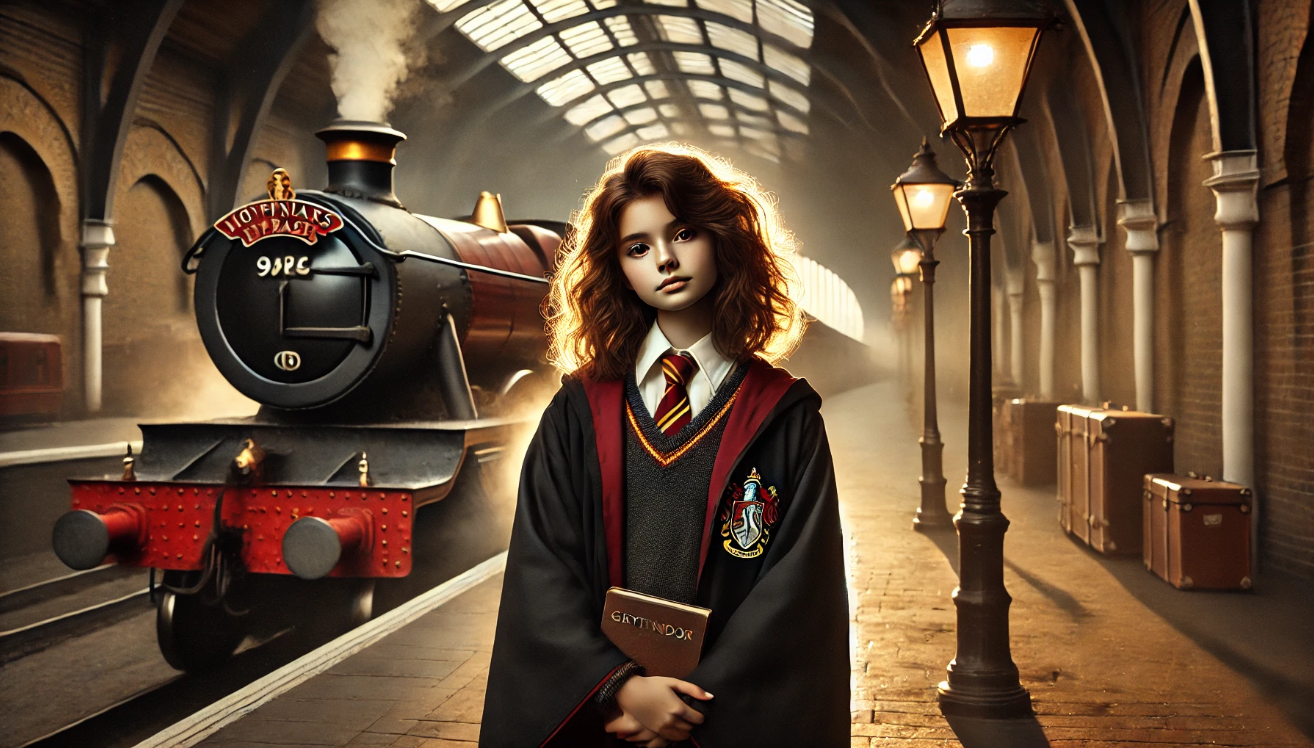 Young girl with bushy brown hair in Hogwarts robe holding a book on magical train platform, resembling Hermione Granger with a studious expression.