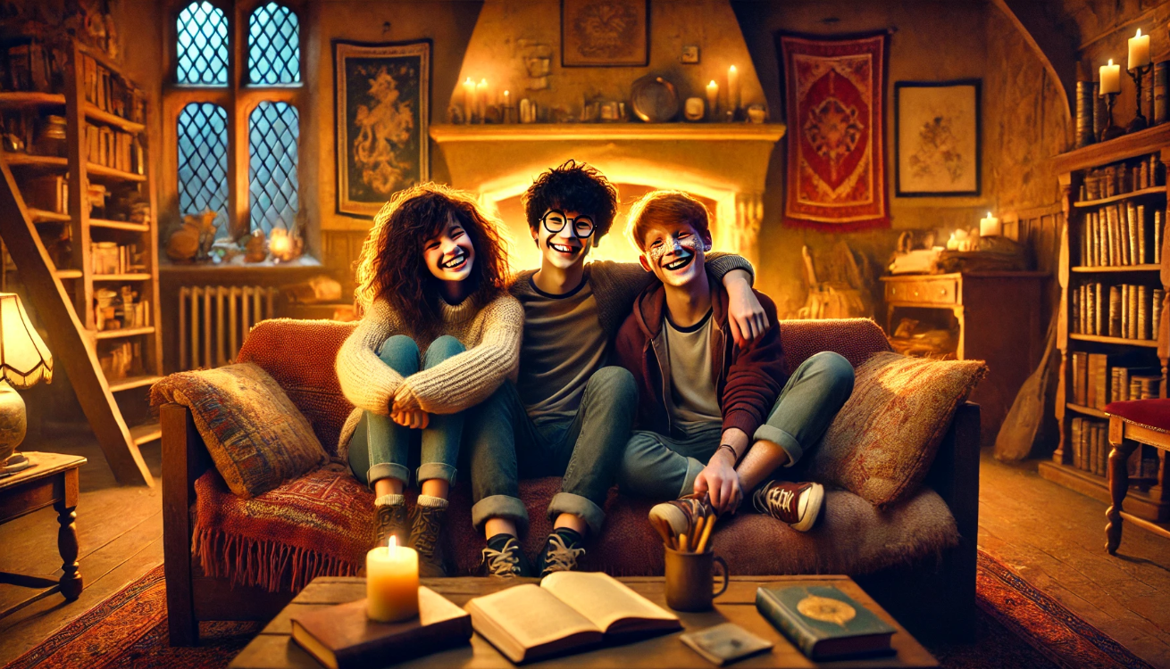 Three young wizarding friends sitting and laughing together in a warm, cozy common room with a glowing fireplace, showcasing friendship and magical school life.