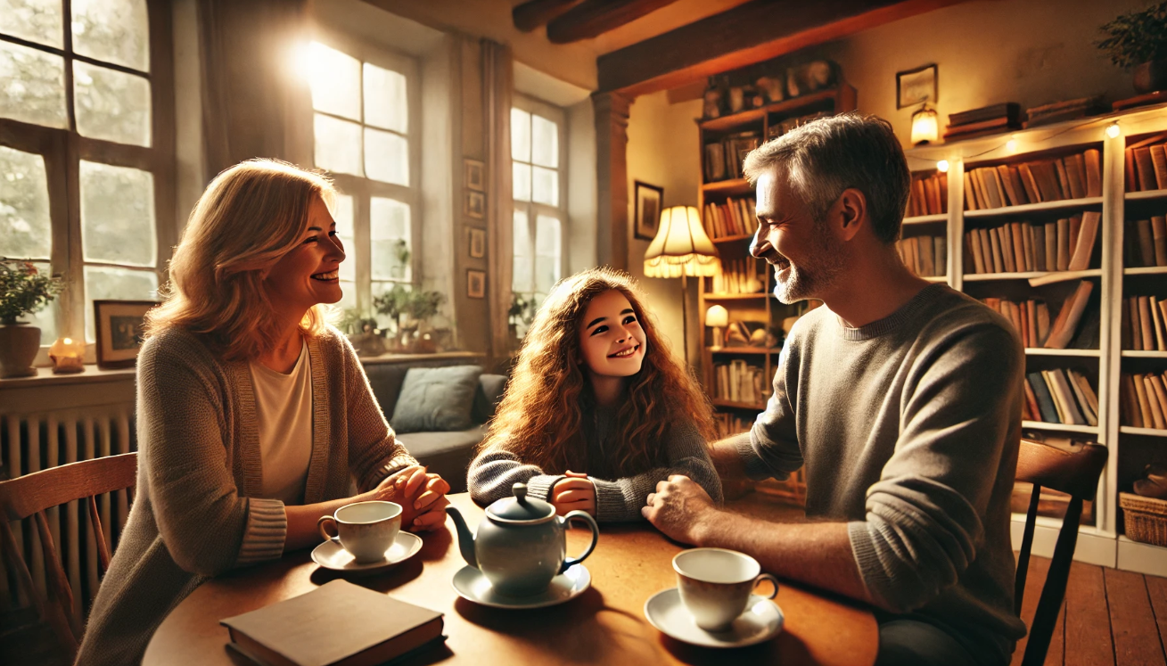 A young girl with bushy brown hair sitting at a cozy kitchen table with her smiling parents, sharing a warm family moment in a peaceful non-magical home.