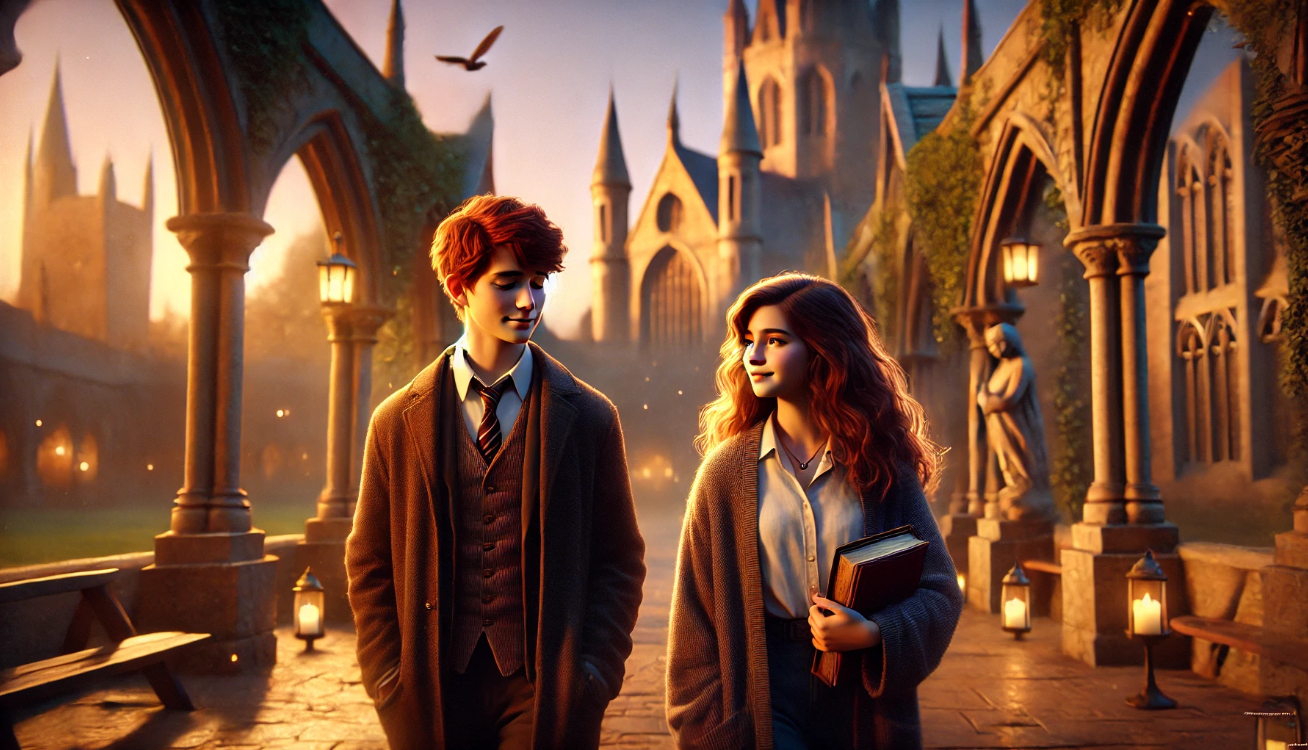 Young couple walking through a magical courtyard at a wizarding school during sunset, red-haired boy and brunette girl sharing a peaceful moment, surrounded by ivy-covered stone walls, glowing lanterns, and floating enchanted books.