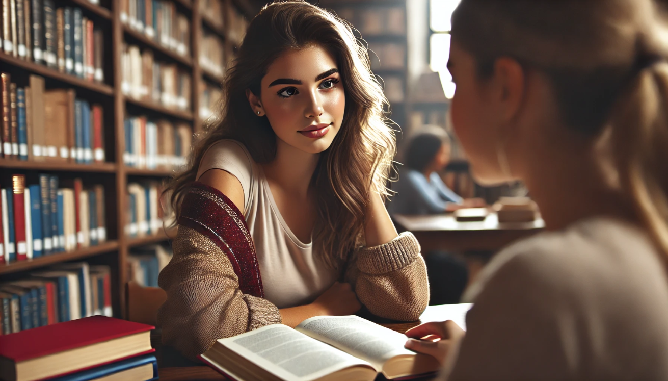Young woman sitting in a library with an open book, helping a friend with a thoughtful expression, symbolizing intellectual strength and emotional growth in a cozy, studious environment.