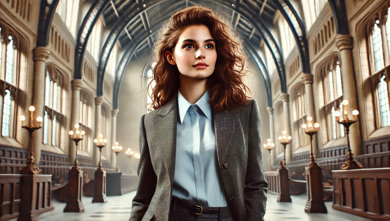 Confident young woman with bushy brown hair in professional attire, walking through a grand magical government building, symbolizing success, determination, and intellectual accomplishment in a magical career.