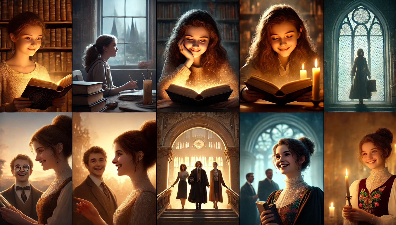 Realistic collage of a young woman with bushy brown hair evolving from a student reading in a magical library, to laughing with friends in a courtyard, and finally leading professionals in a grand magical government building — symbolizing her journey from intellect to leadership.