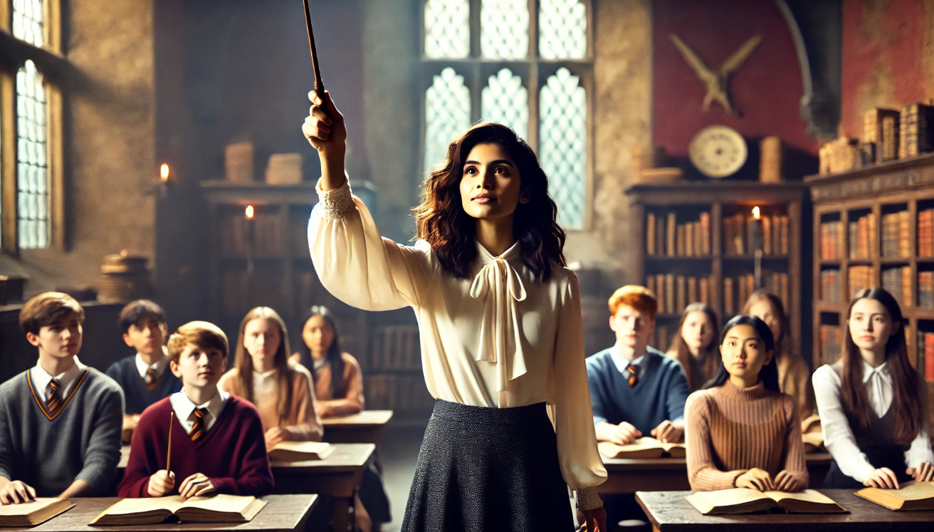 A confident young witch with bushy brown hair leading a group of magical students in a stone-walled classroom, holding a wand raised high, symbolizing leadership and training in a wizarding school.