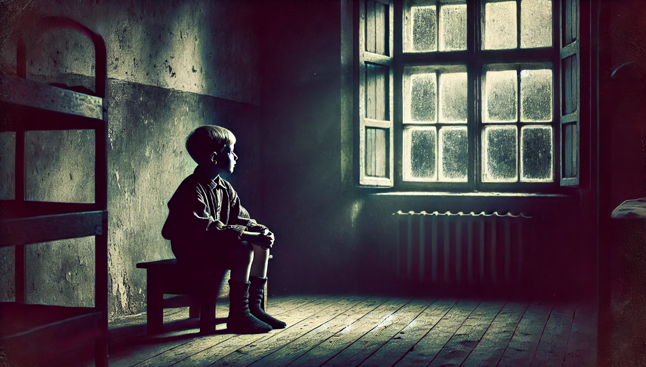 Young child sitting alone in a dimly lit room, gazing out a fogged window with a contemplative expression, evoking a sense of solitude and reflection.