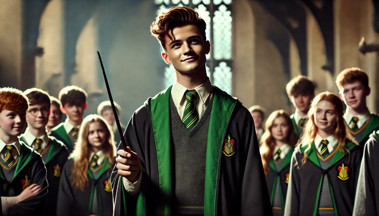 Confident young student from Slytherin House holding a wand, smiling proudly in front of his peers in the Hogwarts castle, wearing a green and silver tie and house robes.