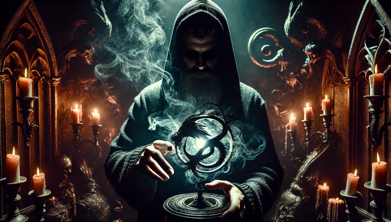 Dark robed figure with a long beard holding a glowing dragon-shaped orb, surrounded by mystical smoke and candlelight, creating an aura of magic and mystery.
