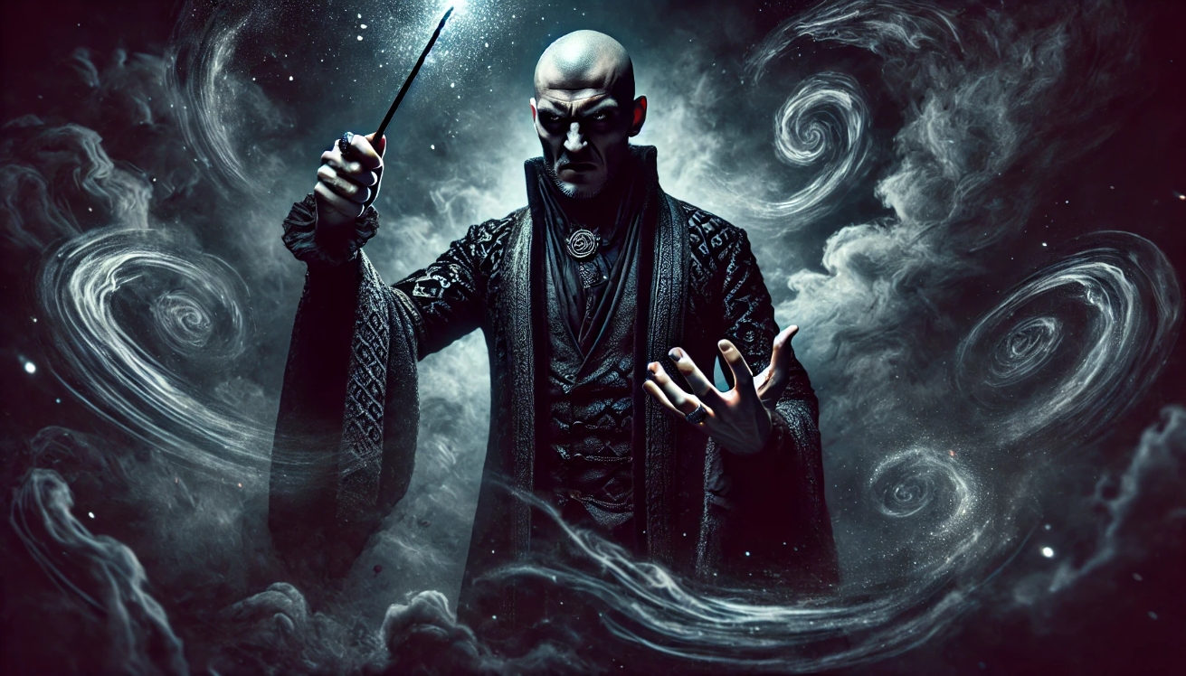 Dark wizard casting a spell with a wand, surrounded by swirling mystical smoke and energy, exuding a powerful and ominous aura.
