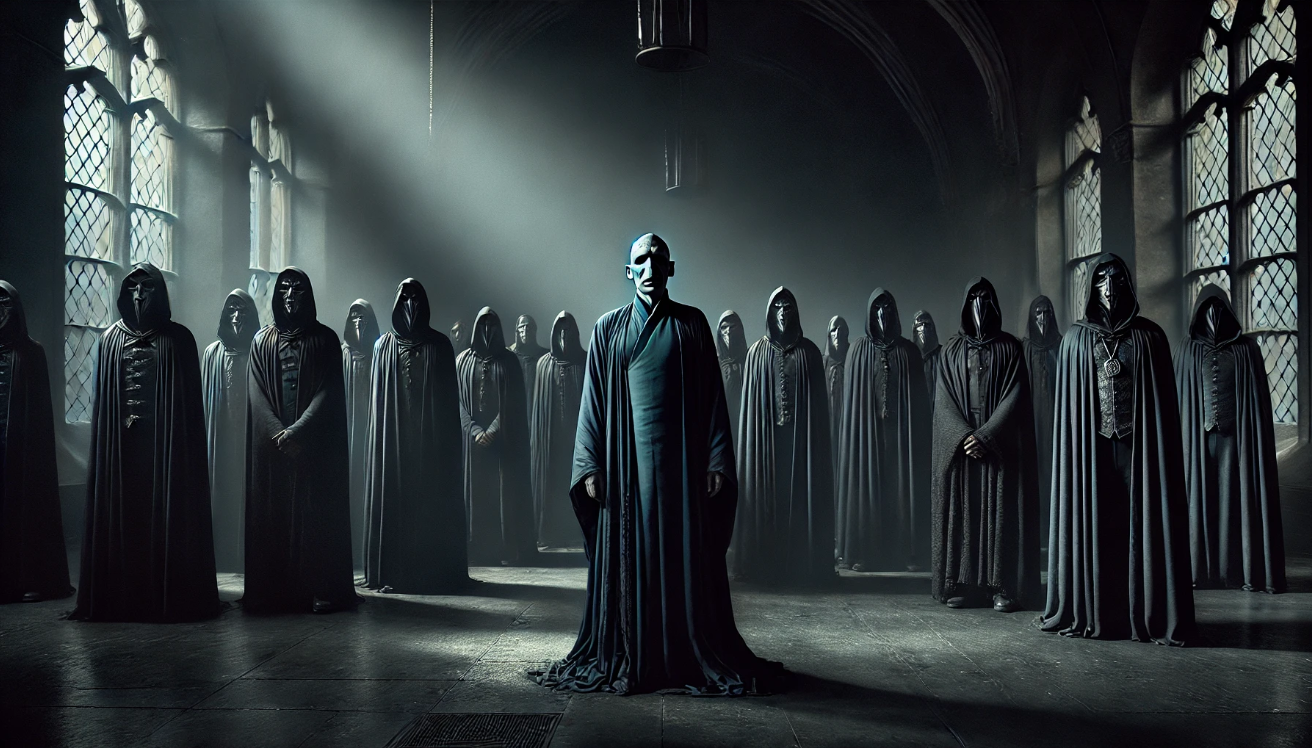 Voldemort standing in front of a group of cloaked Death Eaters in a dark, atmospheric room with shafts of light shining through the windows, creating a menacing and powerful scene.