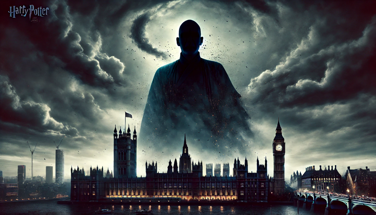 Voldemort's looming shadow over London, with the Houses of Parliament and Big Ben in the foreground, creating a dark and ominous atmosphere filled with swirling storm clouds.