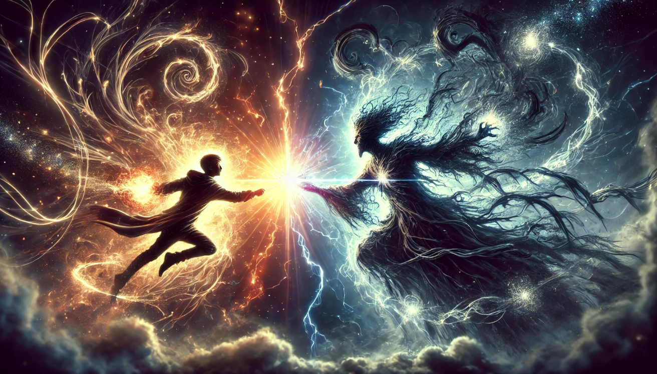 Epic battle between two powerful forces, with a figure casting a spell against a dark, mystical entity, surrounded by swirling magical energy and lightning in a cosmic setting.