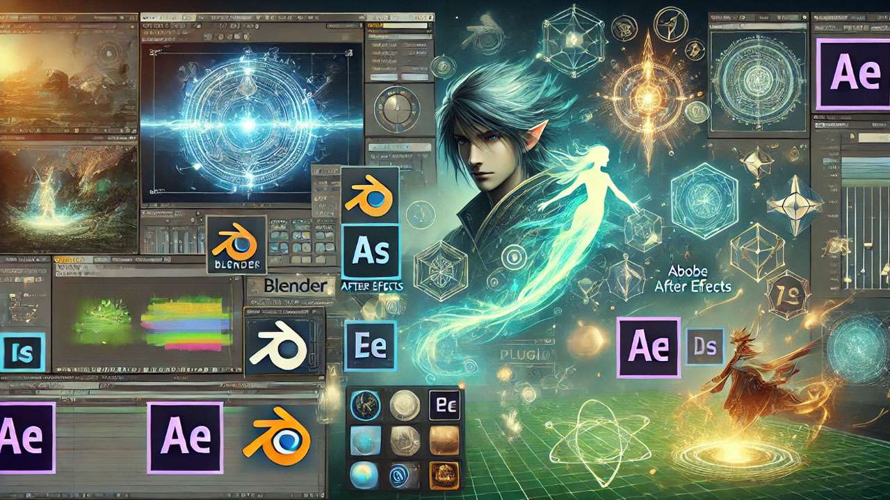 A collage-style image featuring visual effects software tools, including interfaces and icons from Blender and Adobe After Effects, alongside a green screen setup