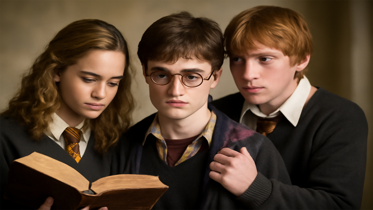 Harry Potter, Hermione Granger, and Ron Weasley studying together in the Hogwarts library, with Hermione holding an open book and the others focused on her reading.