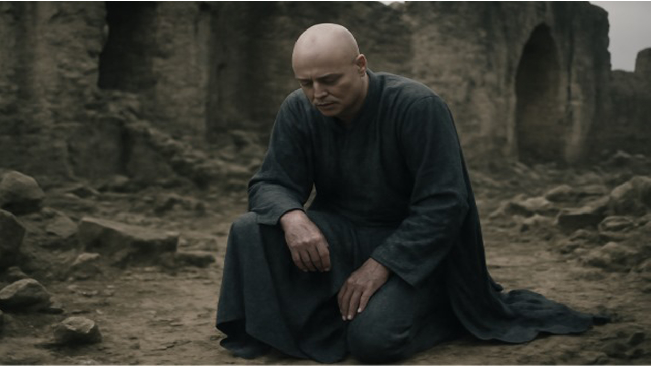 Voldemort kneeling in a barren, war-torn landscape, dressed in dark robes, appearing contemplative or defeated amidst the ruins.
