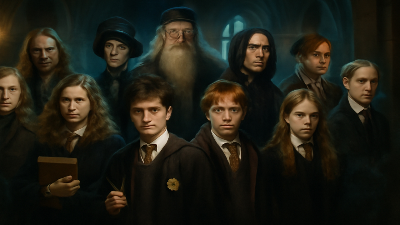 Harry Potter, Hermione Granger, Ron Weasley, Dumbledore, Snape, and other Hogwarts students and staff standing together in a dramatic group portrait.
