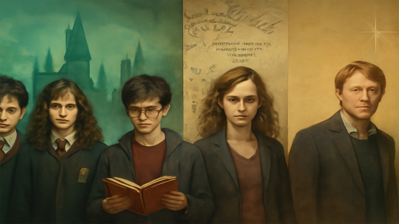 Harry Potter, Hermione Granger, and Ron Weasley standing together in front of Hogwarts with a magical background, Hermione holding an open book.