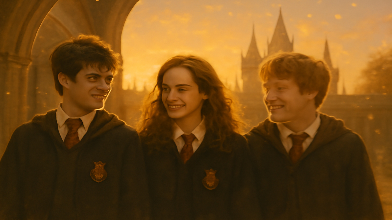 Harry Potter, Hermione Granger, and Ron Weasley smiling together outside Hogwarts with the sunset and castle in the background, showcasing their close friendship.