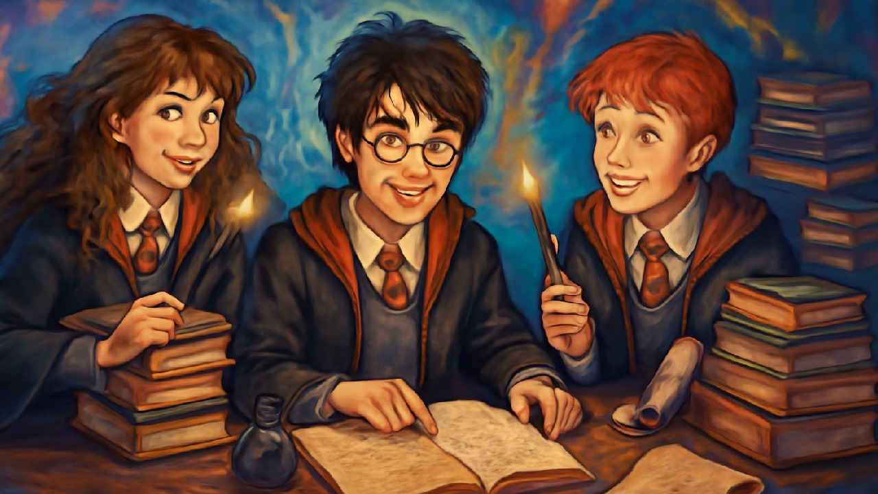 Harry Potter, Hermione Granger, and Ron Weasley studying together with glowing wands and magical books, captured in a vibrant and enchanted atmosphere of the wizarding world.