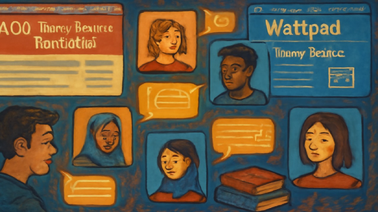 An illustration showing various characters discussing Harry Potter fanfiction on platforms like AO3 and Wattpad, with speech bubbles containing feedback and conversations about writing.