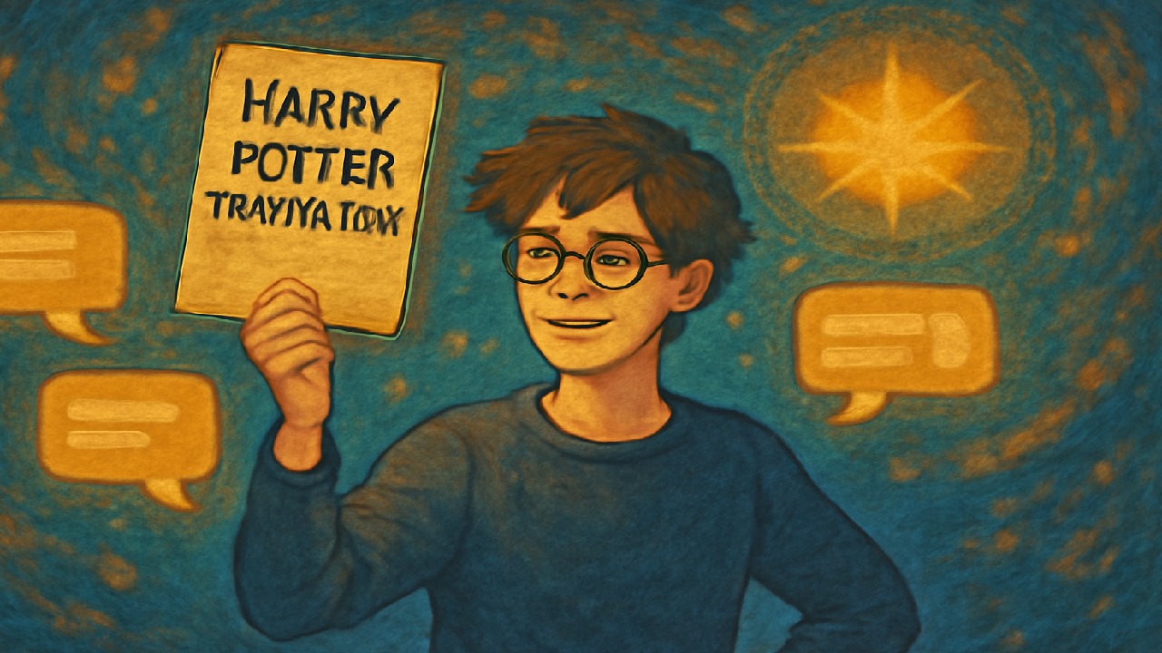 A character holding a paper titled 'Harry Potter Fanfiction' with glowing speech bubbles around them, symbolizing excitement and engagement in the fanfiction writing process.