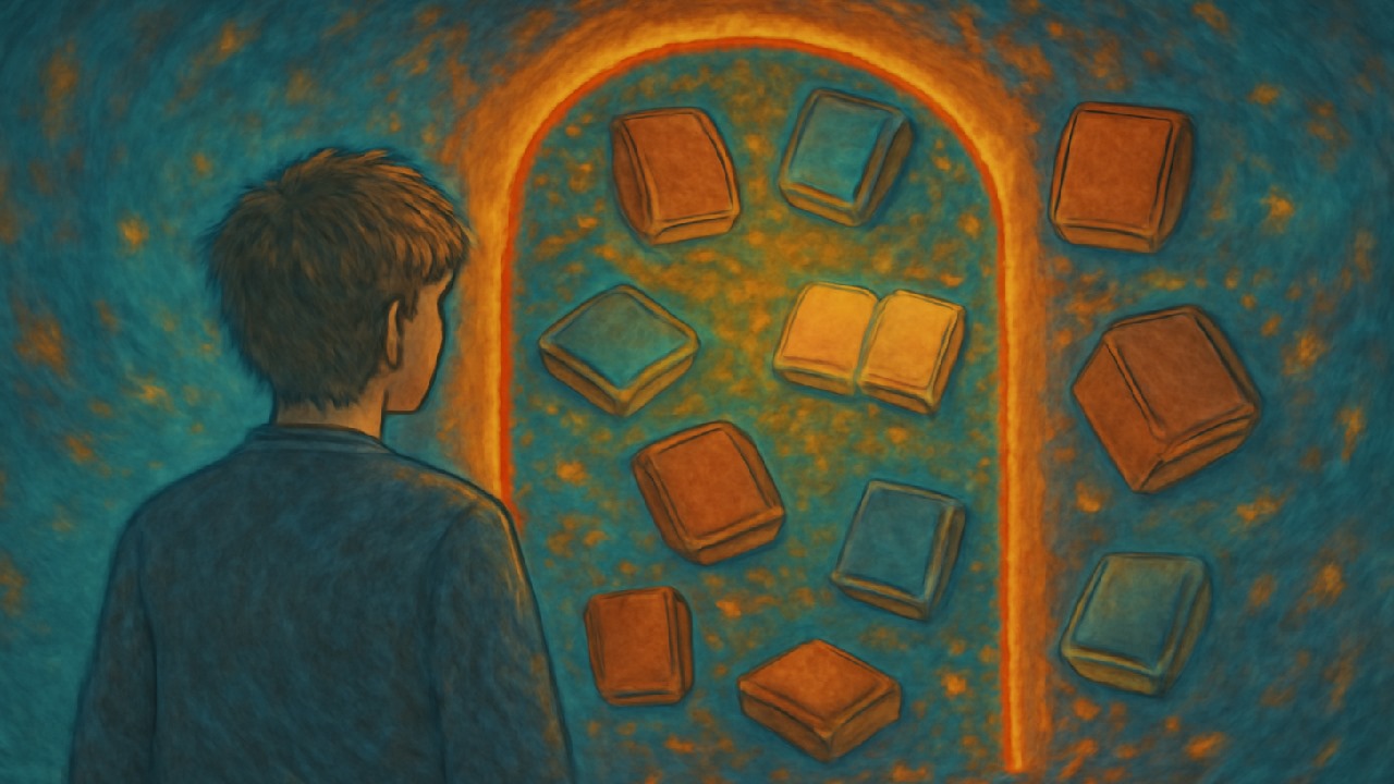A person standing in front of a glowing portal surrounded by floating magical books, symbolizing the journey of exploring and creating Harry Potter fanfiction.