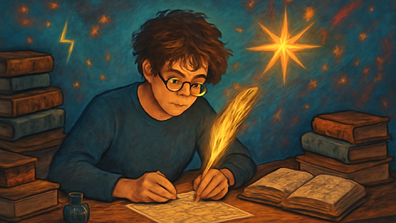 A young writer focused on creating Harry Potter fanfiction, with a glowing magical quill writing on parchment, surrounded by books and a starry, enchanted atmosphere.