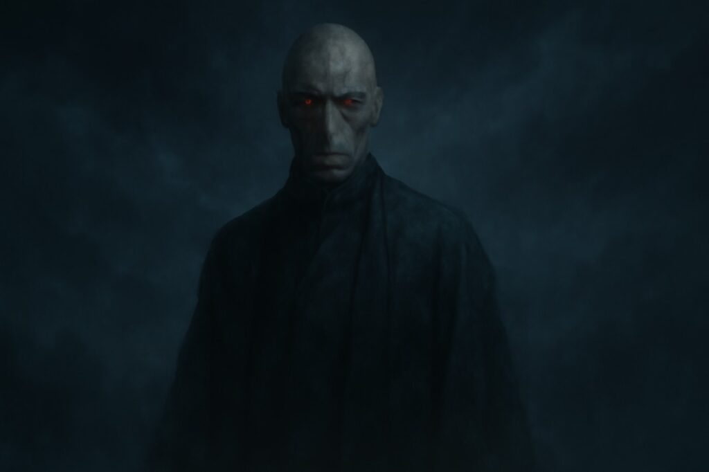 Dark and ominous figure with glowing red eyes standing in a shadowy environment, exuding a sense of power and mystery.