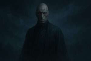 Dark and ominous figure with glowing red eyes standing in a shadowy environment, exuding a sense of power and mystery.