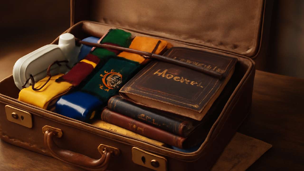 Vintage leather suitcase packed with Harry Potter-themed items such as wands, house scarves, and magical books, creating a sense of preparation for a magical journey.
