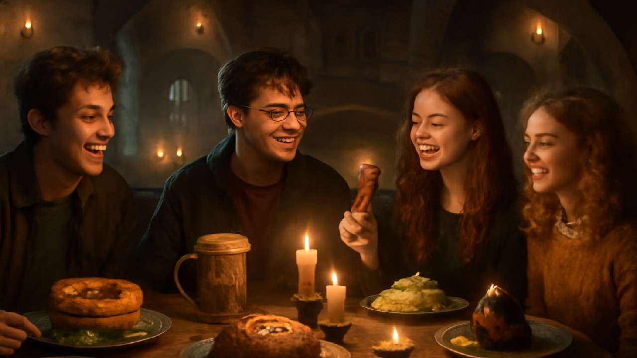 Four friends enjoying a magical meal at The Leaky Cauldron, surrounded by glowing candles and wizarding charm. The group, smiling and laughing, is seated at a rustic wooden table, savoring Harry Potter-themed dishes. The warm, inviting atmosphere captures the essence of a cozy wizarding pub, with enchanting details like flickering candlelight, delicious meals, and a sense of camaraderie.


