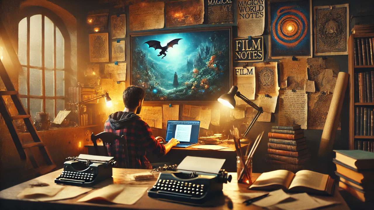 A cozy study room where a screenwriter sits at a vintage wooden desk, surrounded by open books