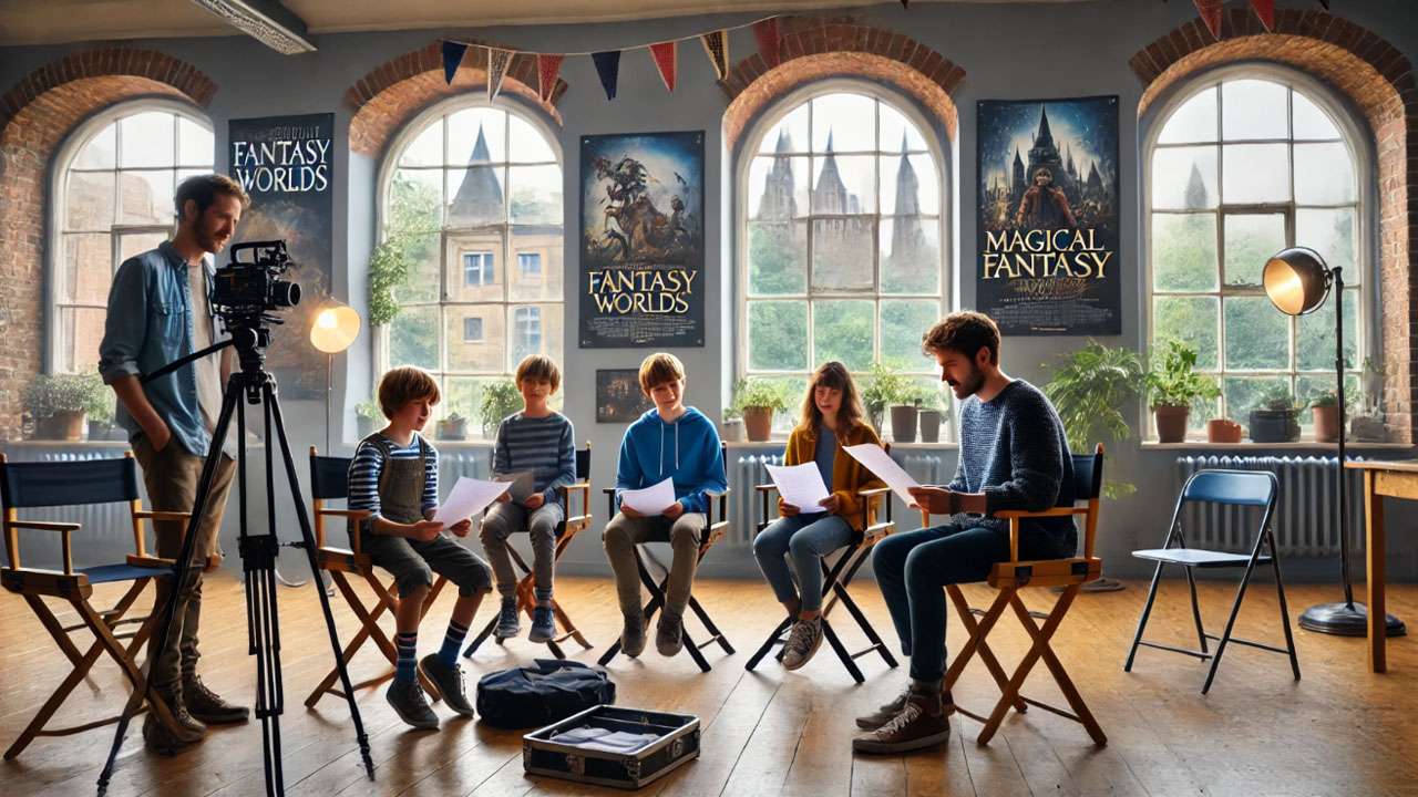 A brightly lit British casting room with young child actors reading from scripts during a fantasy film audition