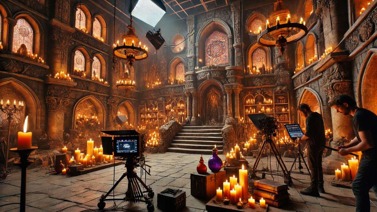A cinematic fantasy set inside a medieval-style castle, featuring realistic stone architecture, hovering candles, and mystical artifacts