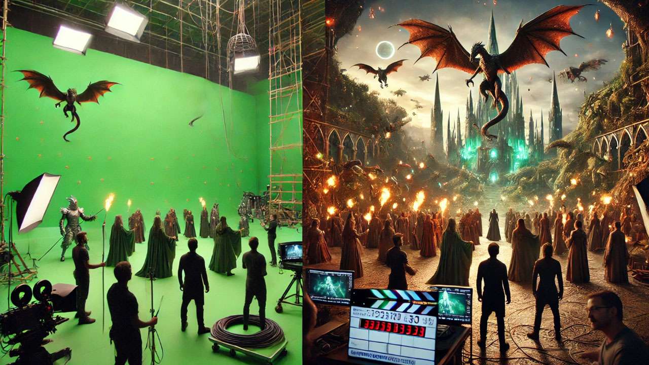 A split-screen view of a fantasy movie shot
