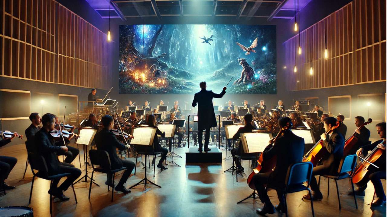 Inside a dimly lit studio, a focused composer conducts an orchestra of musicians seated with sheet music