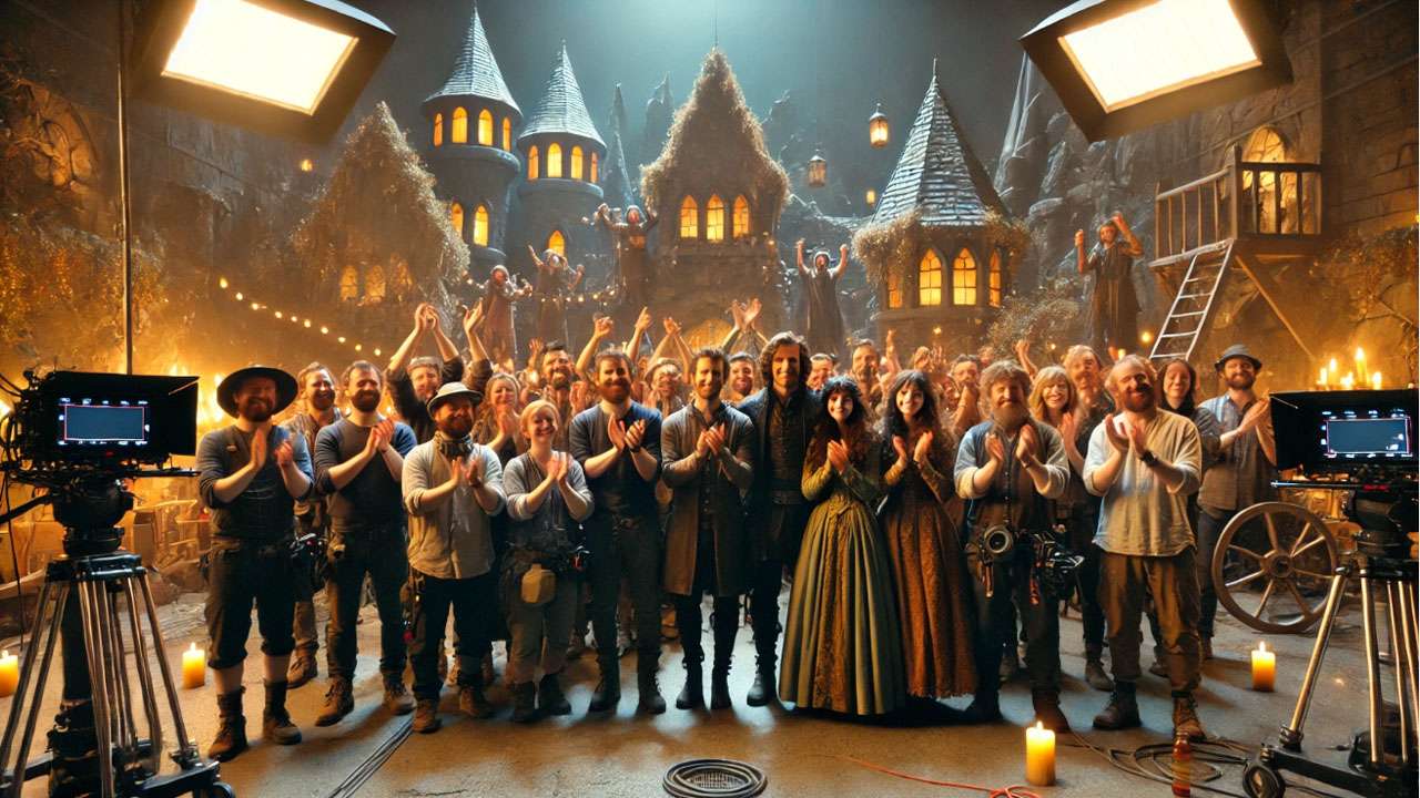 The cast and crew of a fantasy film gather on set in front of a grand