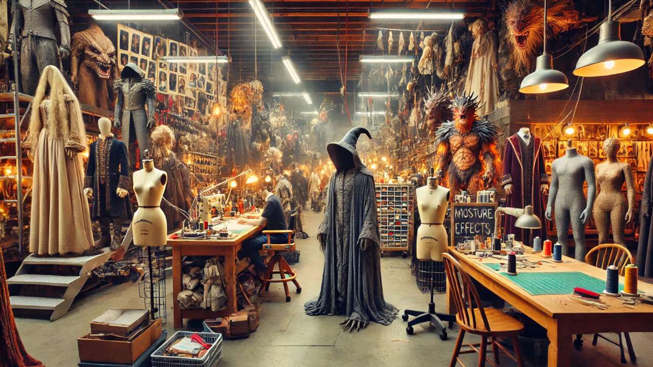 A creative studio bustling with activity as costume designers and creature effects artists work on a fantasy film