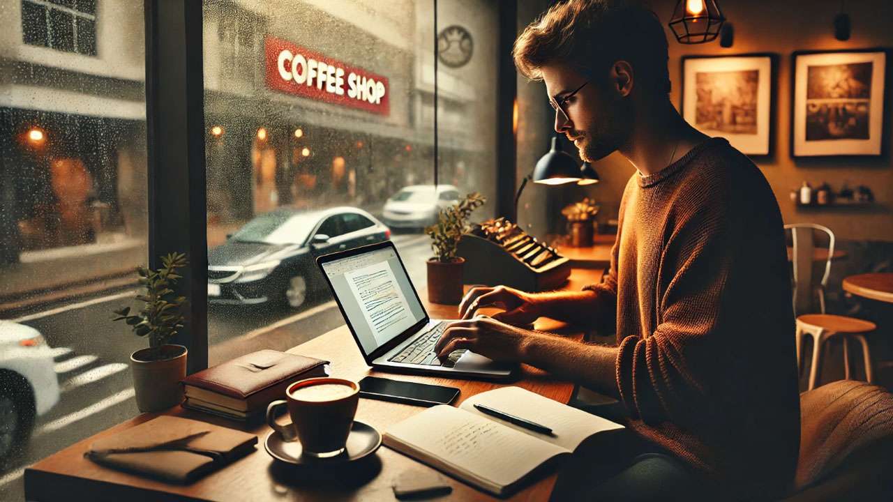 A cozy coffee shop scene showing a writer’s hand typing on a laptop at a wooden table.