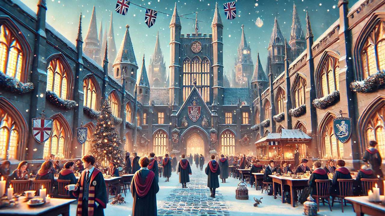 Hogwarts Castle with students, house crests, and British cultural elements like tea time and Christmas