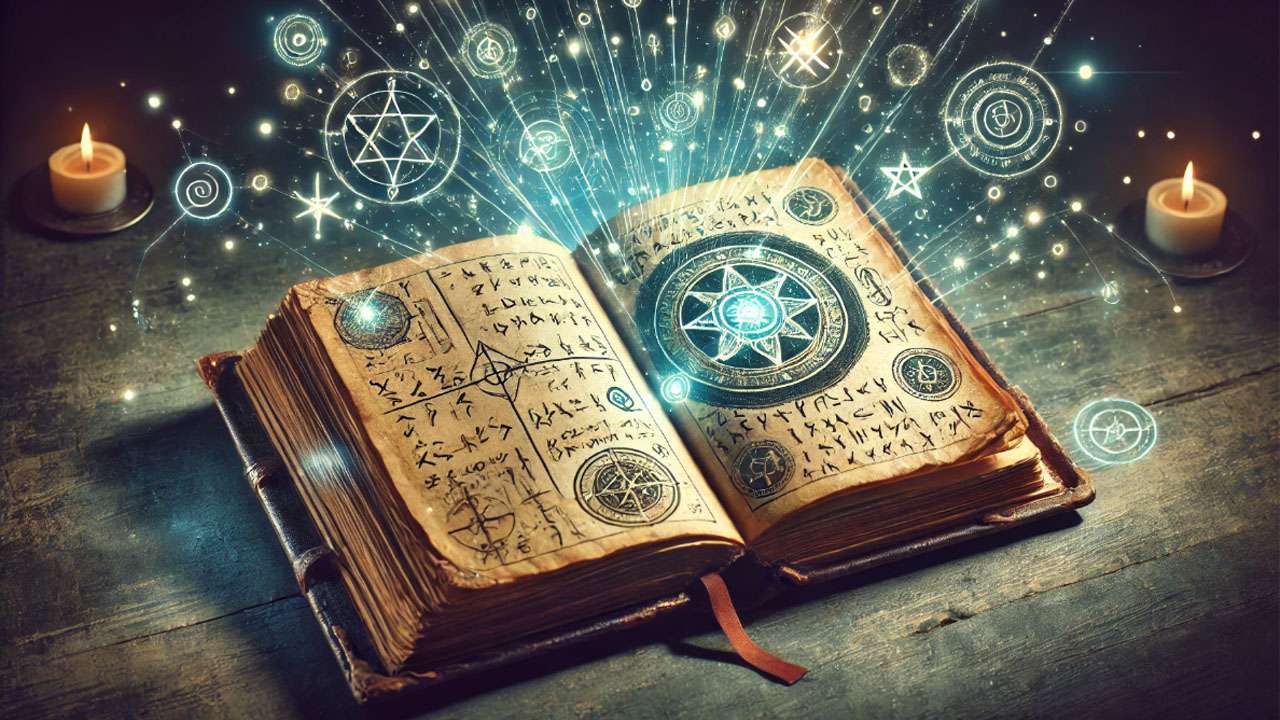 Ancient magical book with glowing runes, symbolizing the rules and structure of a magical system in a fantasy universe.