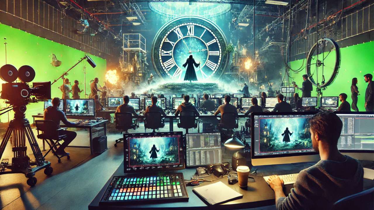 Behind-the-scenes image of Harry Potter filmmakers using CGI technology under tight deadlines to create the magic.