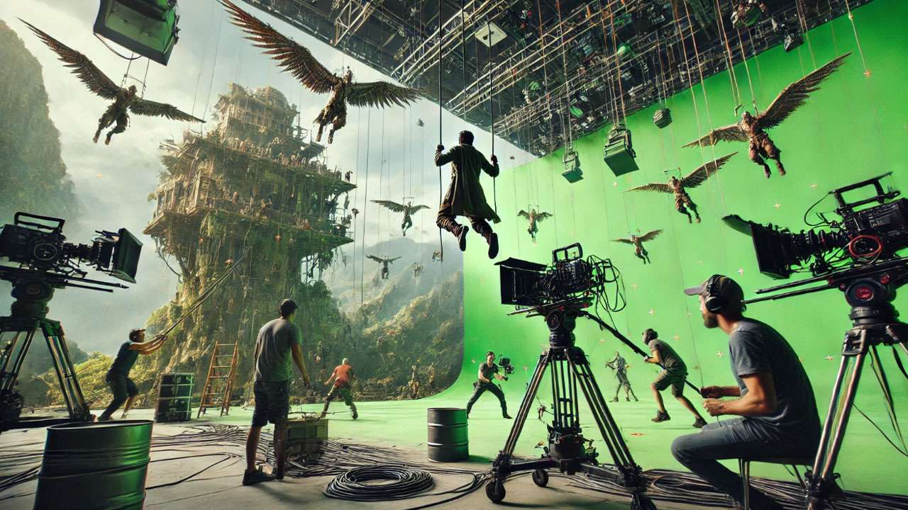 Filming flying broomsticks in Harry Potter with green screens and wire rigs for realistic effects.