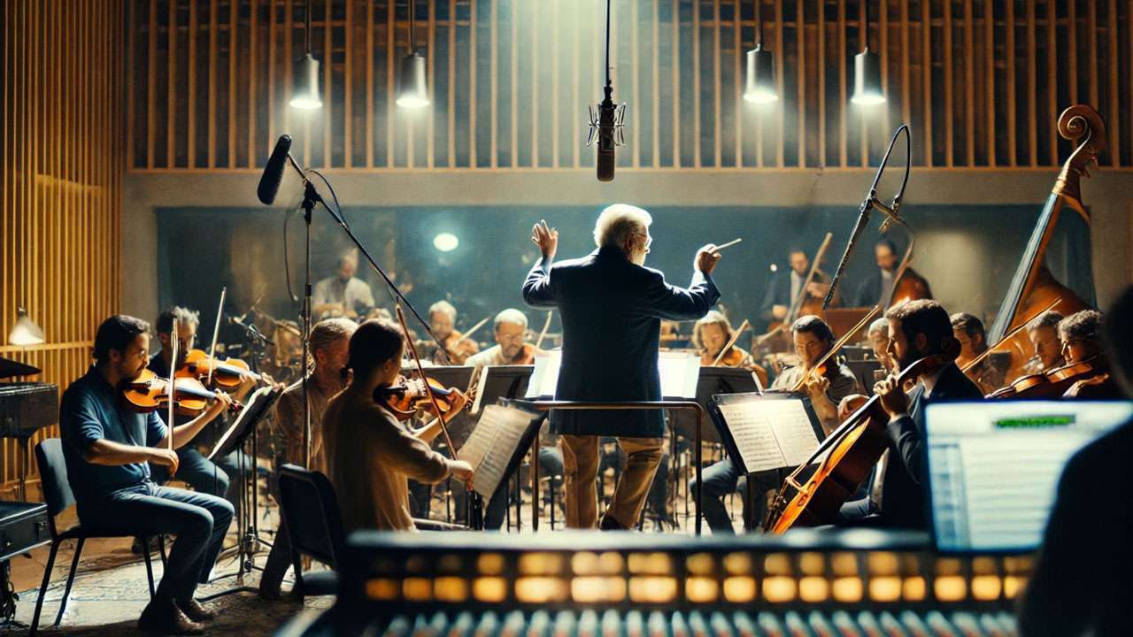 John Williams conducting an orchestra in the studio for the creation of the Harry Potter soundtrack.