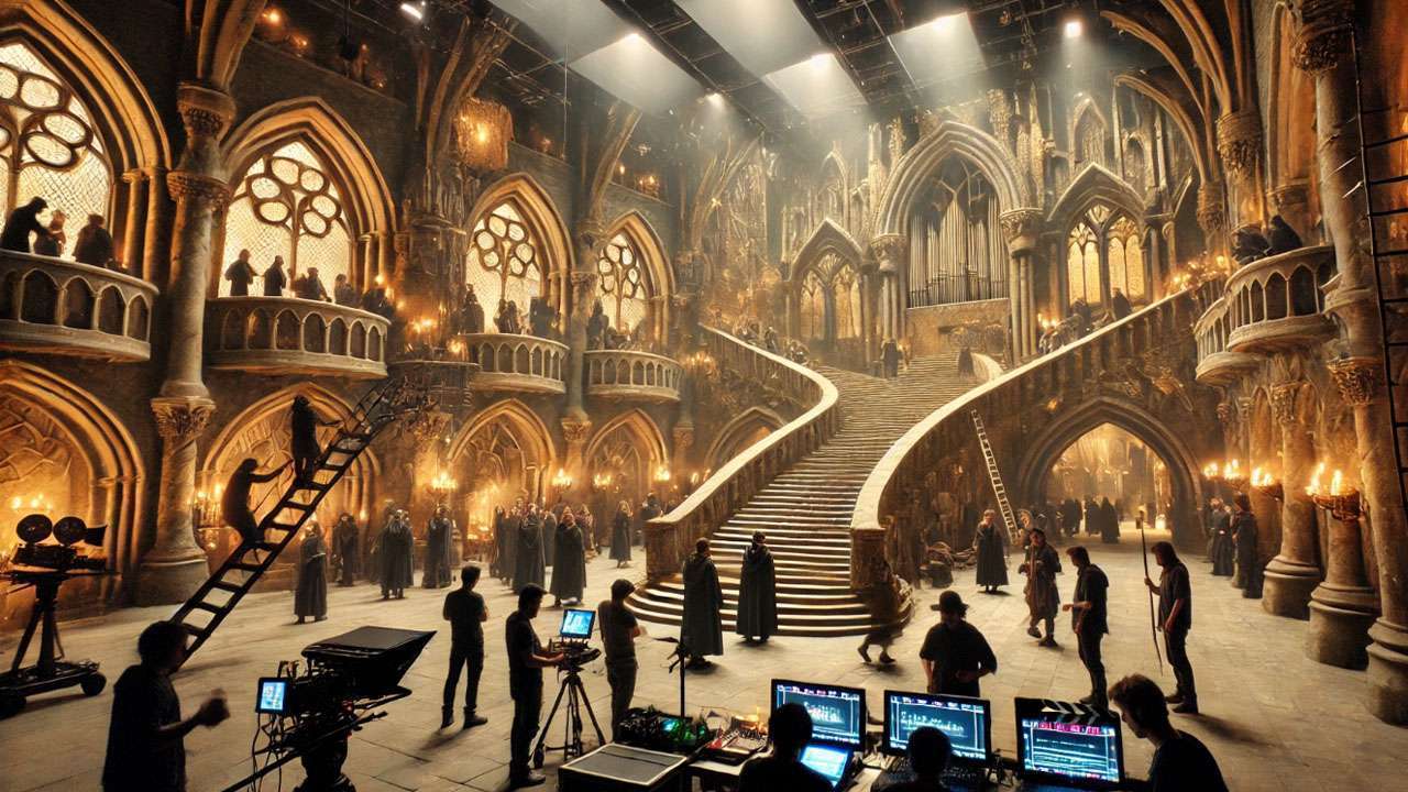 Massive Hogwarts Castle set from Harry Potter movies, featuring intricate staircases and magical elements