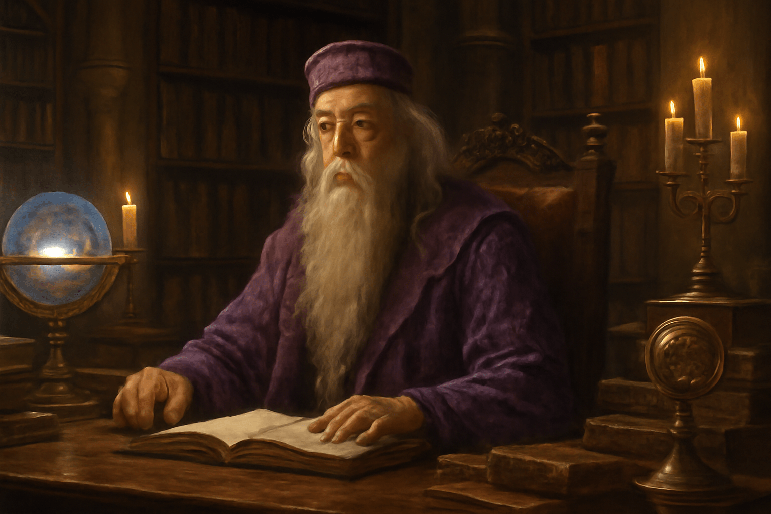 Albus Dumbledore sitting at a wooden desk in a grand library, surrounded by ancient books and glowing magical objects. The wise wizard, dressed in purple robes, gazes thoughtfully at an open book while a glowing orb and candles illuminate the room with a warm, mystical glow.